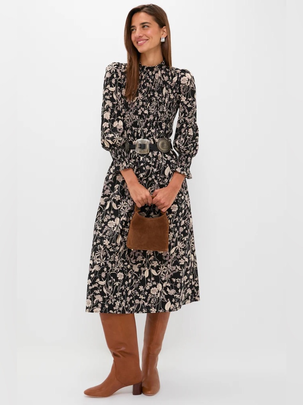 Tuckernuck Hyacinth House Black & Tan Floral Smocked Susanne Midi Dress